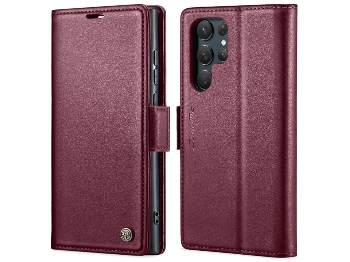 Capa Para Samsung Galaxy S22 Ultra 5g Borboleta Fivela Litchi Textura De Telefone De Couro Rfid Antirroubo Vinho Tinto