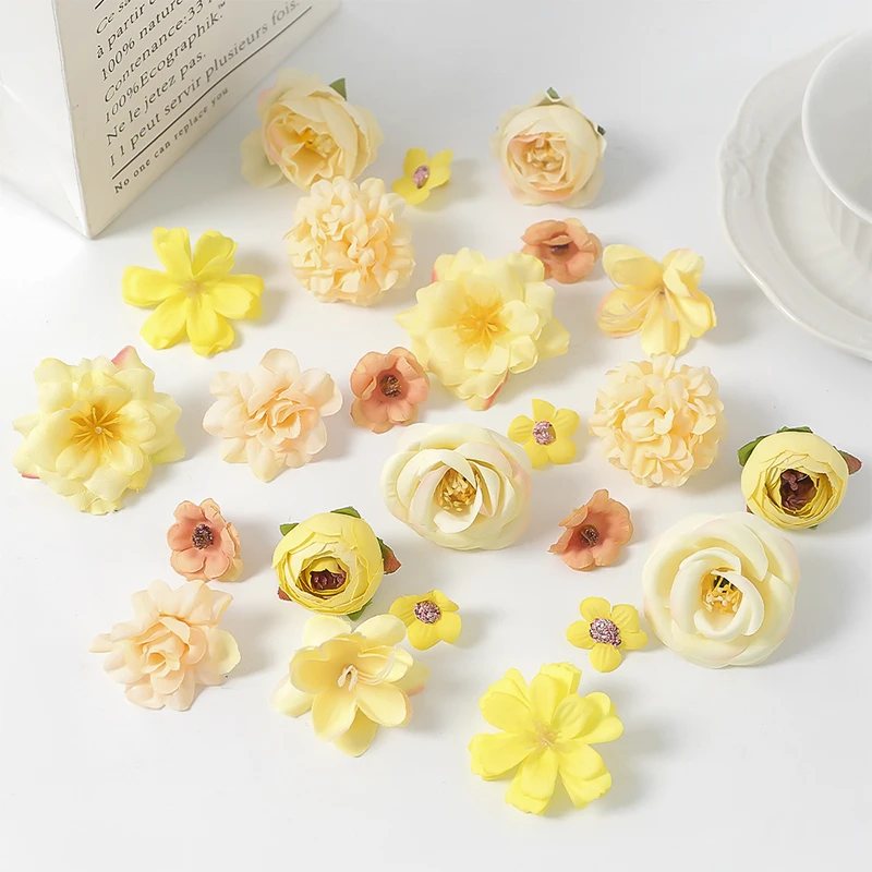 Cabeça De Flor Artificial De Rosa (amarela) Misturada Com Seda, Decoração Para Casa.