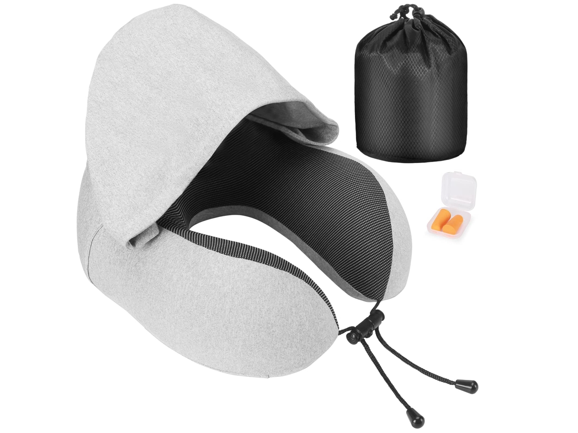 Travesseiro De Pescoço Em Espuma Viscoelástica, Viagem Com Capuz, Confortável Para Dormir, Cinza Claro Aquaforge