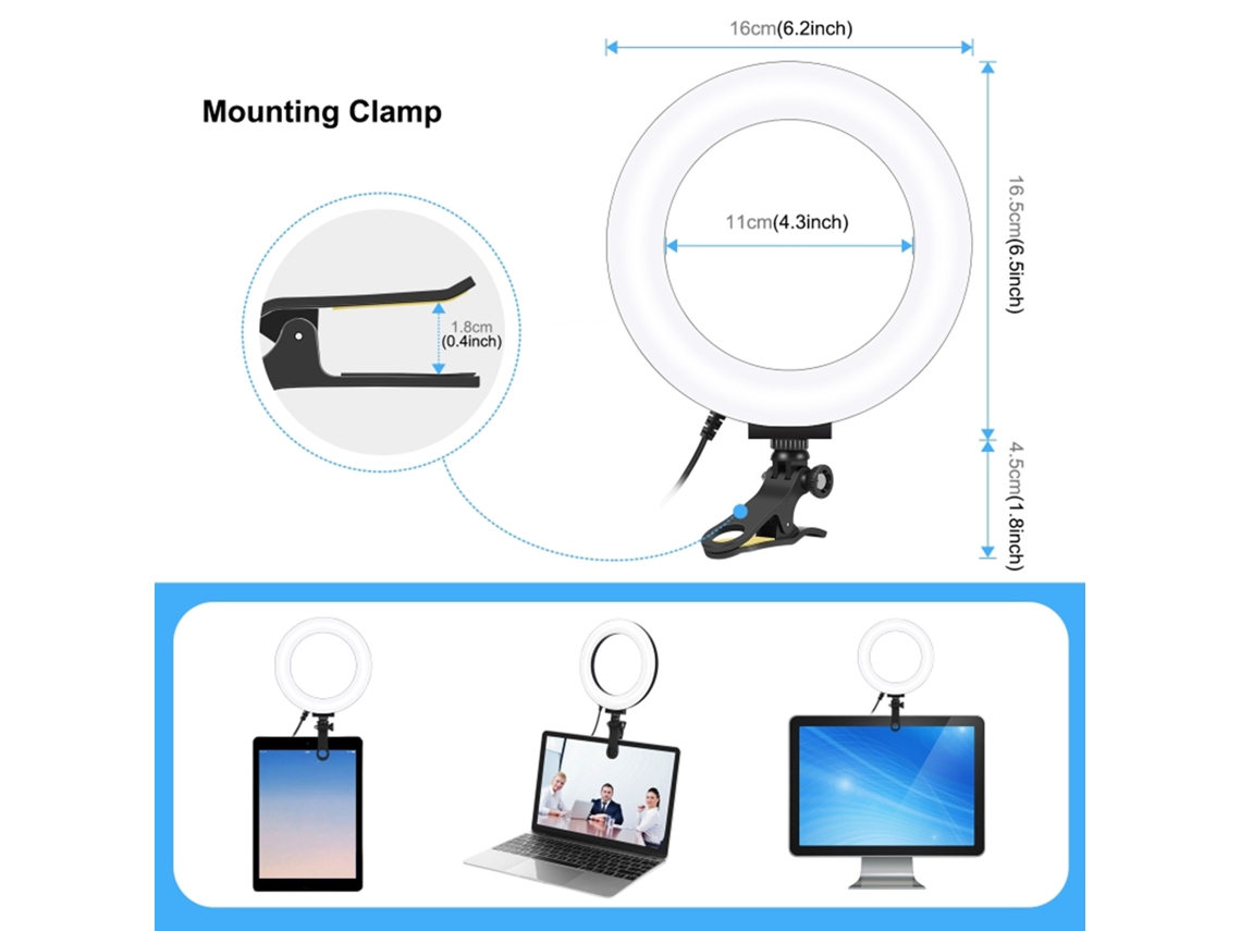 Puluz Ring Light USB de 16 cm/6,2 pol., temperatura de cor de 3200-5600 K, 10 níveis de brilho, com braçadeira de montagem para vídeo ao vivo, luz de preenchimento para laptop LAXISCREED