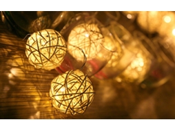 Cordão de Luzes de Rattan 3 Metros com 20 Bolas e Plugue, Iluminação Flexível e Romântica para Decoração de Casa BRILVIBERA (branco Quente)