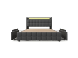 Cama Estofada 140x200cm com Carregador Usb,cabeceira Iluminada e 4 Gavetas,estrutura Funcional e Base de Ripas em Cinza PAPRIKA
