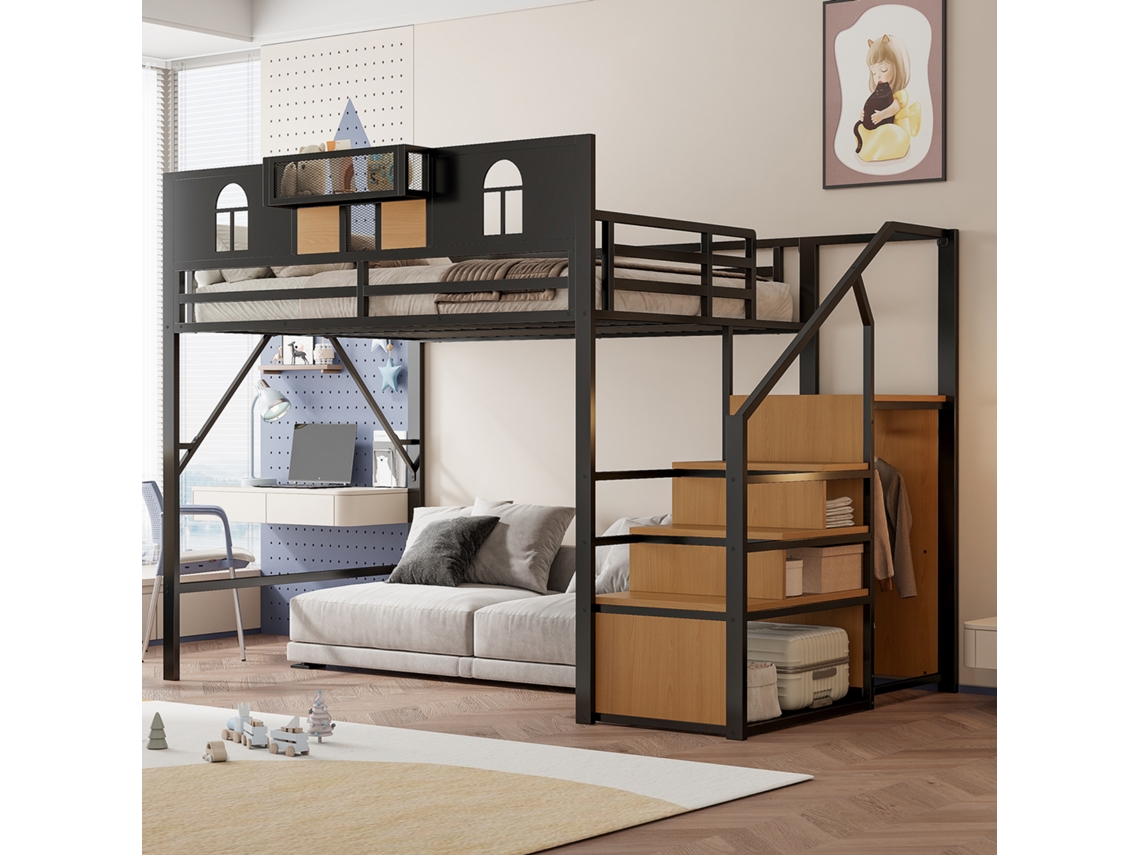 Cama Elevada De Metal 140x200cm Com Armazenamento Janela E Prateleira
