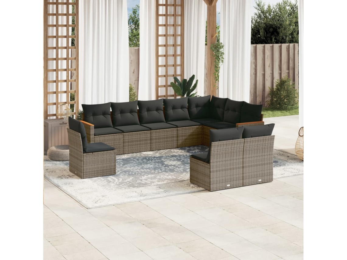 Vidaxl 10 Pcs Conjunto Sofás De Jardim C/ Almofadões Vime Pe Cinzento
