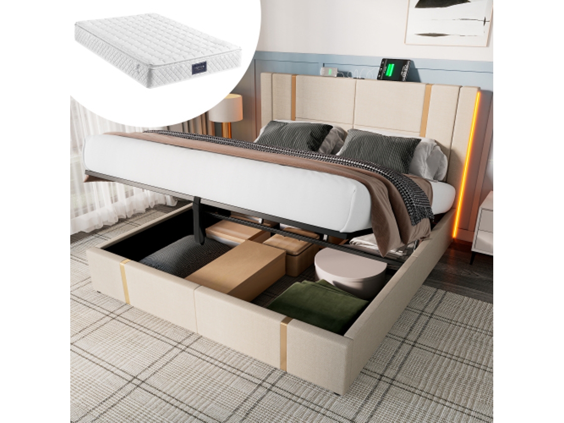 Cama de casal 140x200cm, feita de madeira e tecido, com amplo espaço de armazenamento, robusta, durável, design prático, fácil de montar, colchão não incluído.