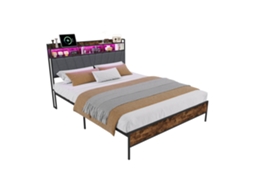 Cama De Casal 160x200 Com Estrado Metálico, Iluminação Led E Portas Usb, Estrutura Com Cabeceira, Espaço De Arrumação De 30 Cm, Mexus