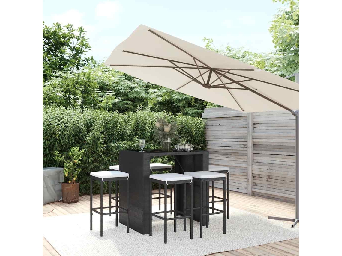 Vidaxl 7 Pcs Conjunto De Bar Para Jardim C/ Almofadões Vime Pe Preto
