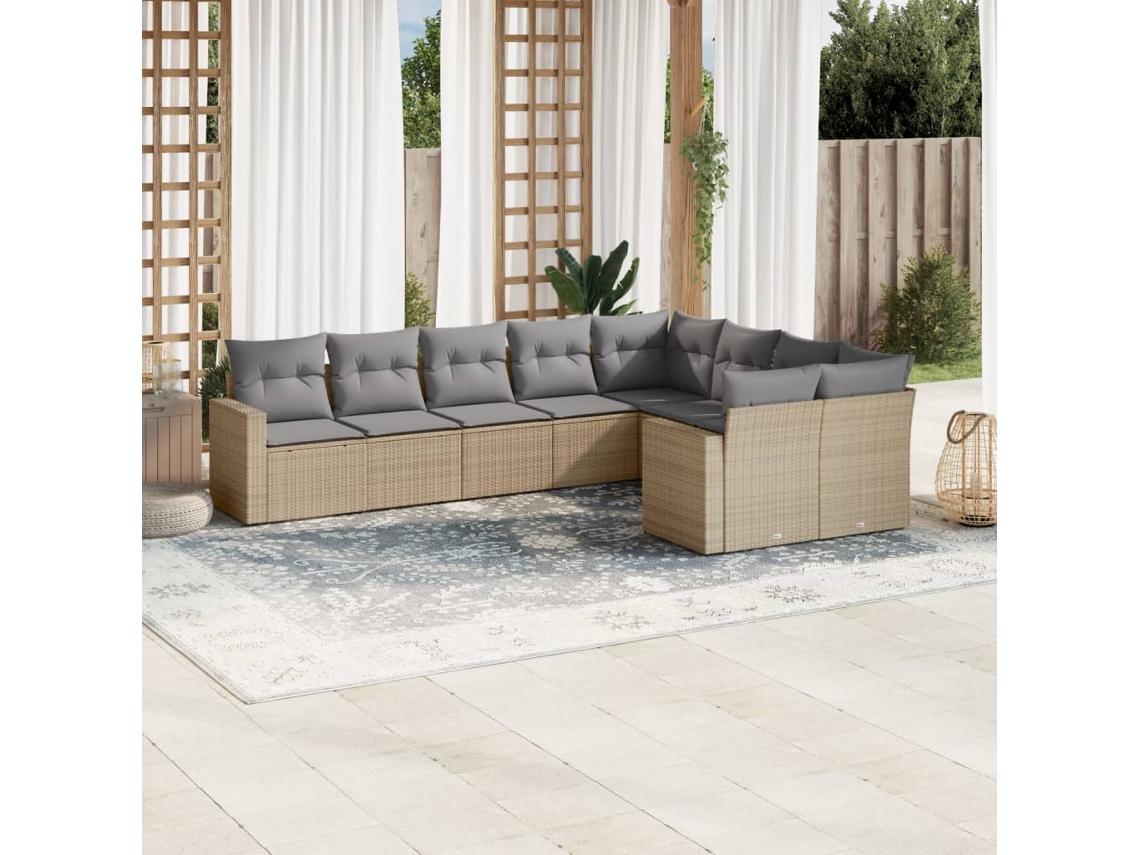Conjunto de 9 Sofás para Jardim com Almofadas Vime Pe Bege Dkd Home Decor