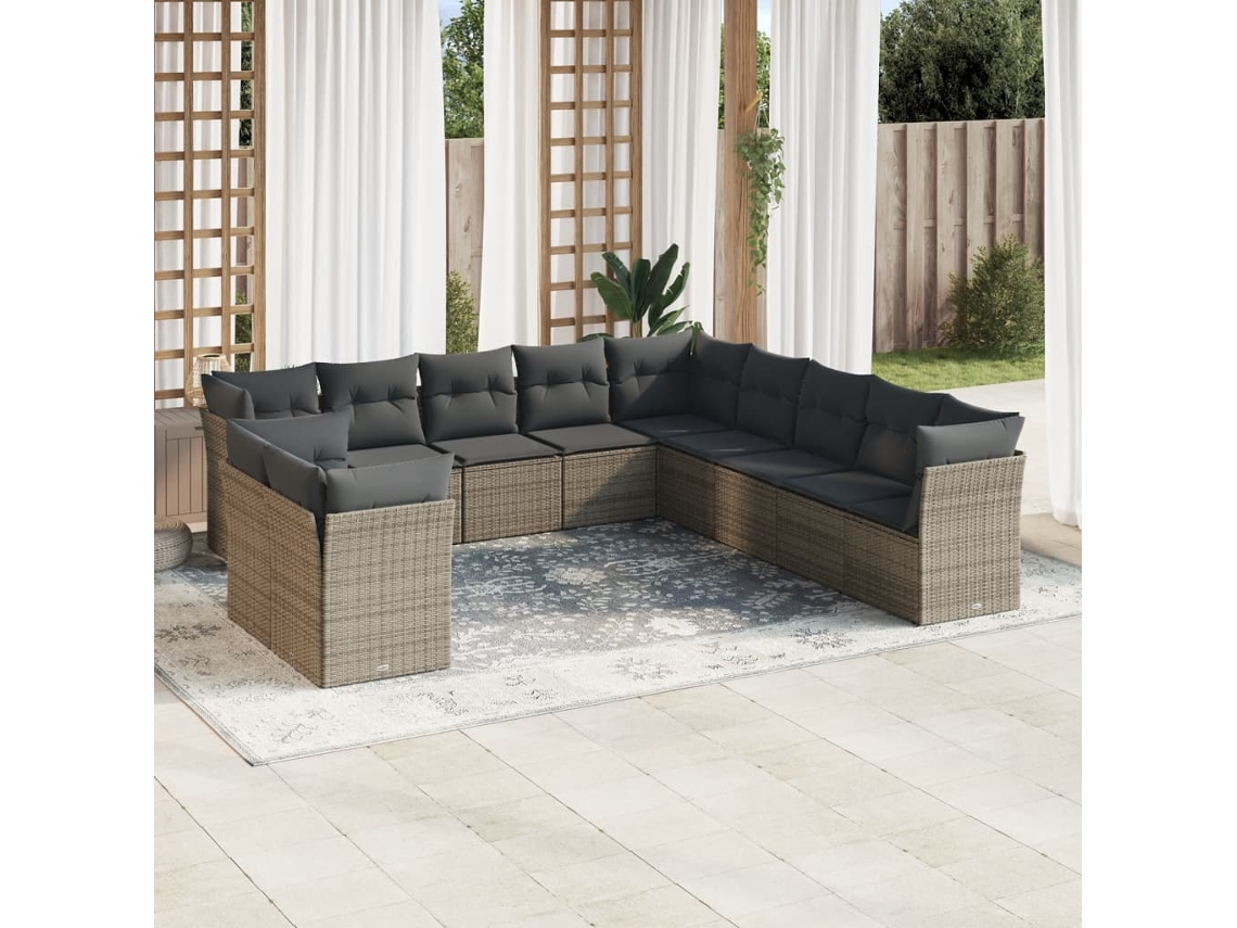 Vidaxl 11 Pcs Conjunto Sofás de Jardim C/ Almofadões Vime Pe Cinzento