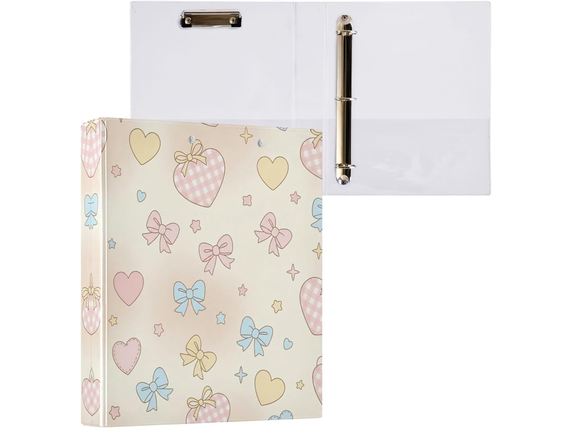 Pasta de 3 Argolas para Folhas Tamanho Carta , com um Lindo Design Laço e Coração, Organizador (27,9 X 21,6 Cm)