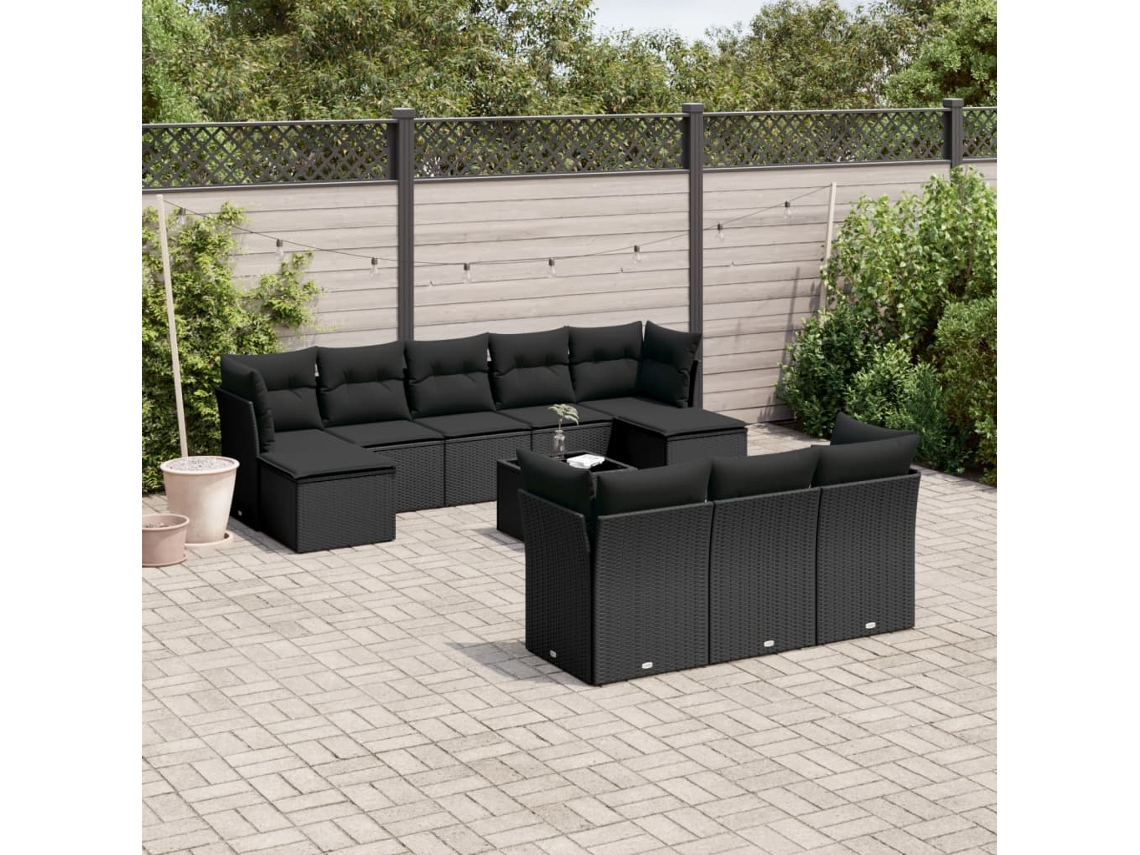 Jogo de Sofá Jardim 11 Peças C/ Almofadões Vime Pe Preto Dkd Home Decor
