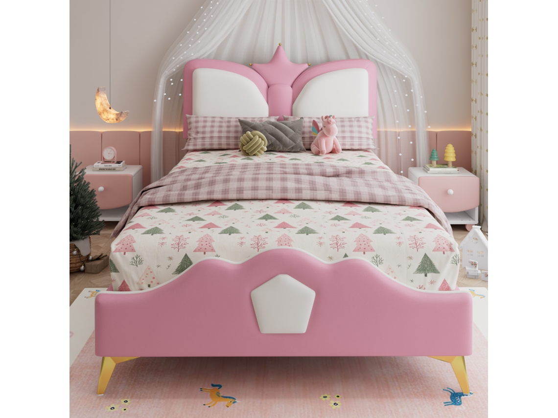 Cama Solteiro Rosa+branco 90x200cm Estofada, Cabeceira Coroa, Anticolisão, Pu. -op