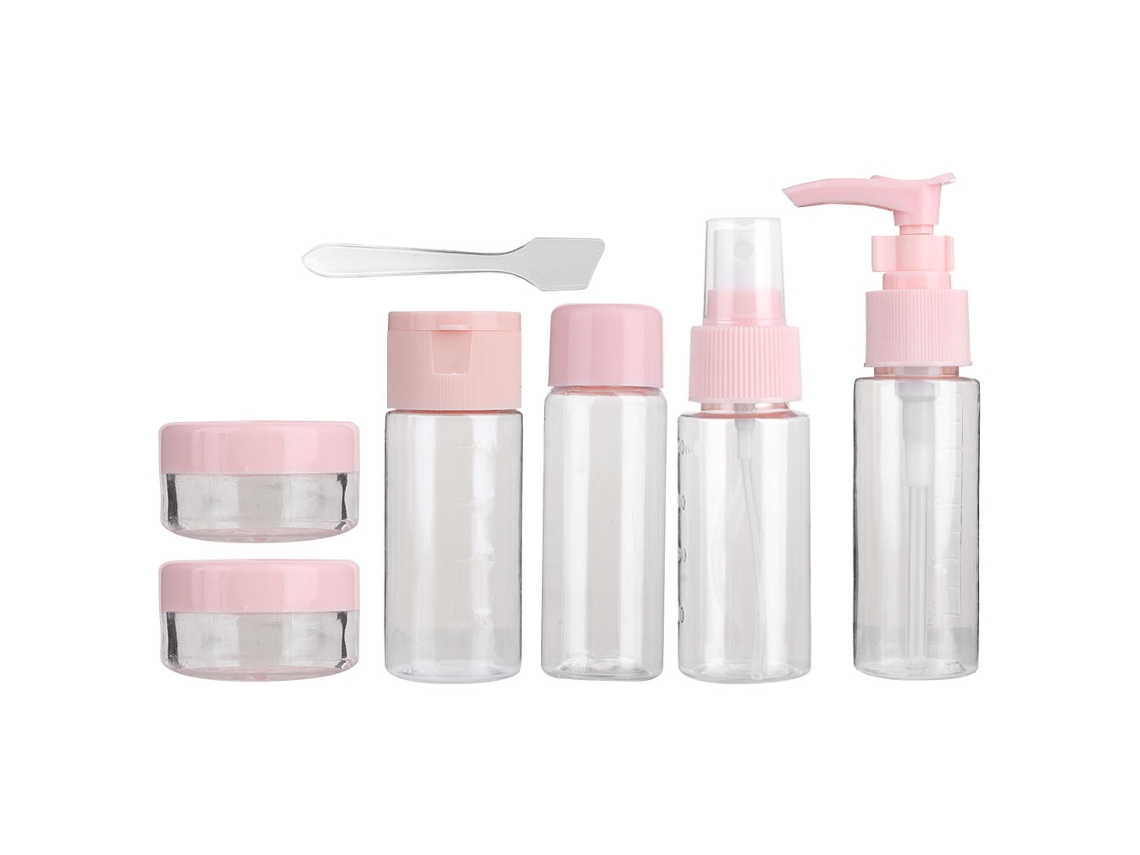 Kit De Frascos De Maquilhagem Portáteis Reutilizáveis Para Viagens (7 Peças, Rosa)