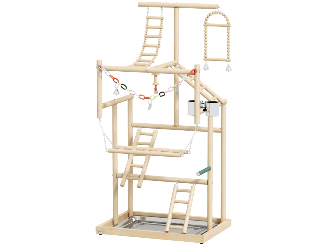 Suporte Para Pássaros Com 4 Níveis,conjunto Com Bandeja De Aço Inoxidável,brinquedos Em Madeira Natural