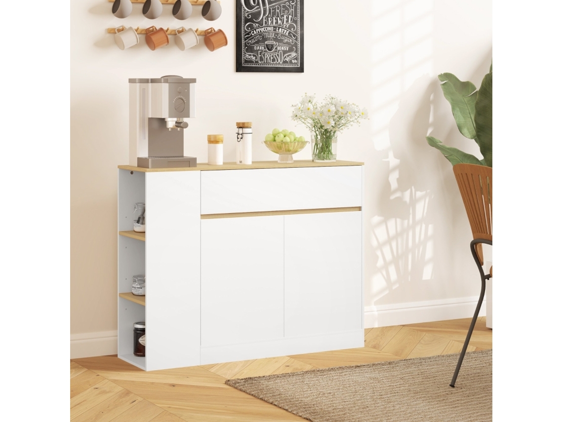 Aparador branco com gaveta ajustável e proteção contra tombamento PAPRIKA - Armazenamento móvel para cozinha e sala de jantar (105x30x81,5 cm)