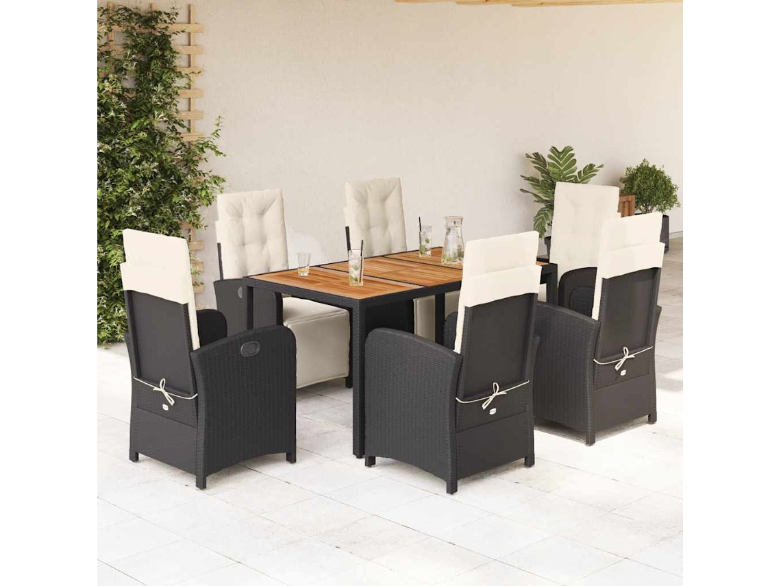 Vidaxl 7 Pcs Conjunto De Jantar P/ Jardim C/ Almofadões Vime Pe Preto