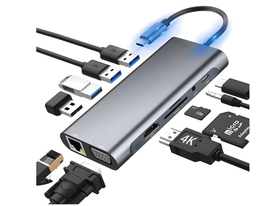 Usb C Hub 11 Em 1 Usb C Hub Docking Station, Hdmi Com 4k Hdmi, Rj45 Ethernet, Vga, Porta Usb, 100 W Pd, Aux, Leitor De Cartão Sd/tf Yizhood (cinza)