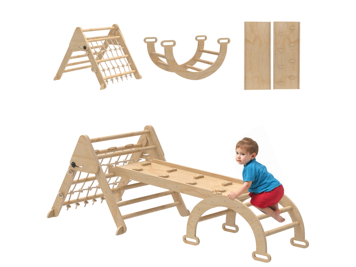 Triângulo De Escalada Infantil 8 Em 1 Com Rampa Dupla, Arco De De Madeira Com Escorregador E Cor Natural.