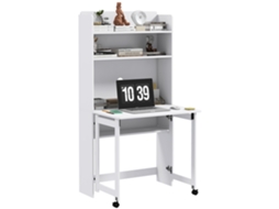 Mesa de Computador com Prateleiras de Armazenamento, Tampo Rebatível e 2 Rodízios para Quarto/sala de Estar, 80 X 69 X 155 Cm, Branca CHEZMOI