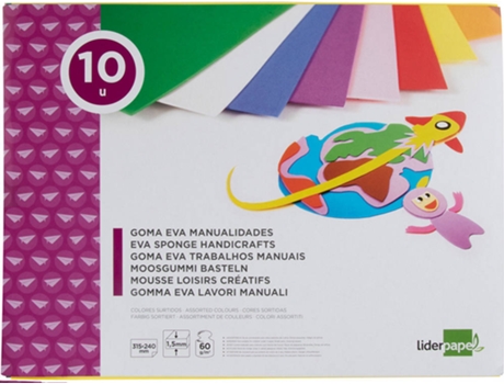 Folha de Borracha E.V.A. Musgami, 315 x 240 mm, Cores Sortidas, 10 Unidades