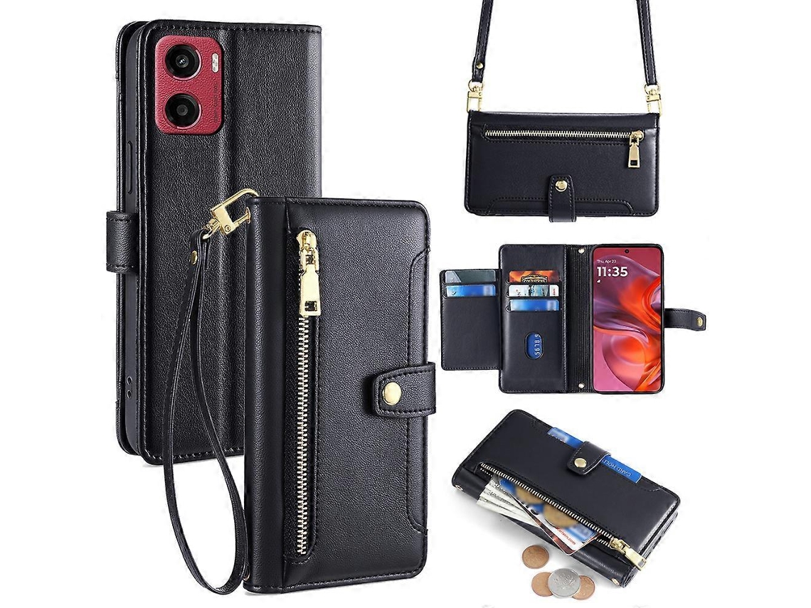 Capa De Couro Com Bolso E Zíper Para Motorola Moto G05 4g Com 2 Alças, Preta