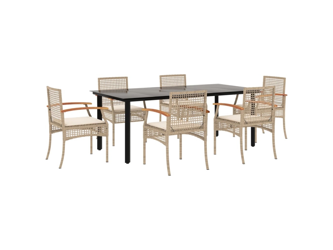 Conjunto 7 de jantar p/ jardim com almofadões VIDAXL vime PE bege