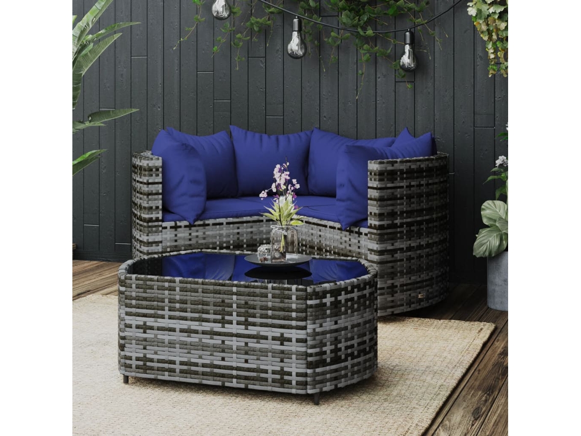 Conjunto 4 Peças Lounge De Jardim C/ Almofadões Vime Pe Cinza Dkd Home Decor