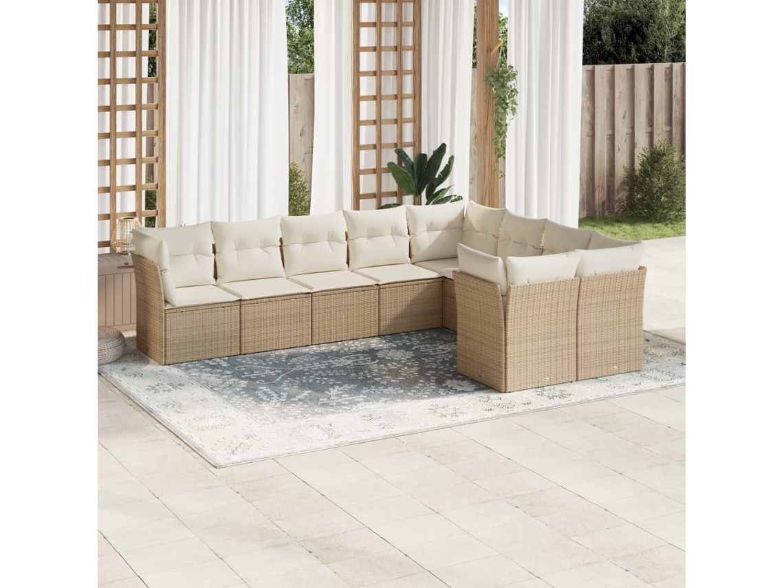 Vidaxl 9 Pcs Conjunto De Sofás P/ Jardim Com Almofadões Vime Pe Bege