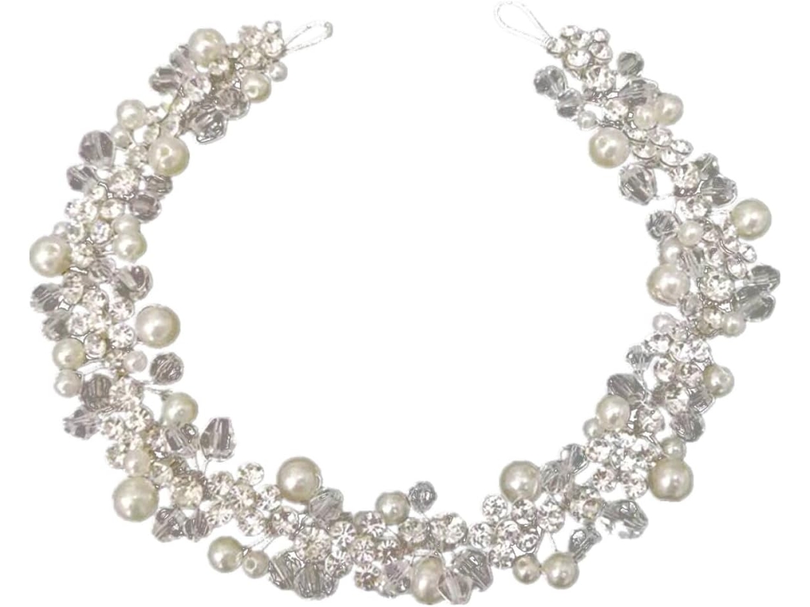 Tiara Delicada De Pérolas Com Strass Prateados E Cristais, Decorada Com Miçangas Artificiais.