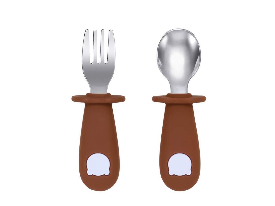 Conjunto de Talheres para Bebê , Inclui Colher e Garfo de Aço Inoxidável, Livre de Bpa. MDUG (marrom)