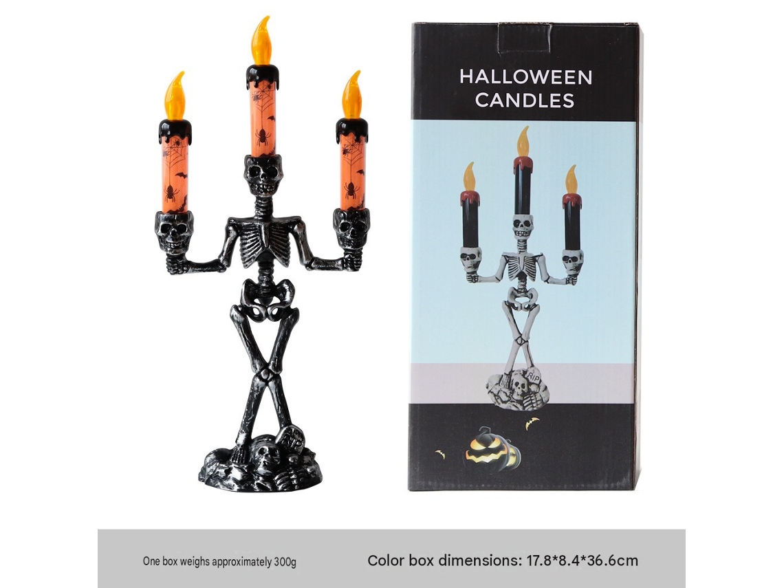 Castiçal Em Forma De Caveira De 37 Cm (14,5 Polegadas) Com Vela Eletrônica Led Que Simula Chama, Ideal Para O Halloween.