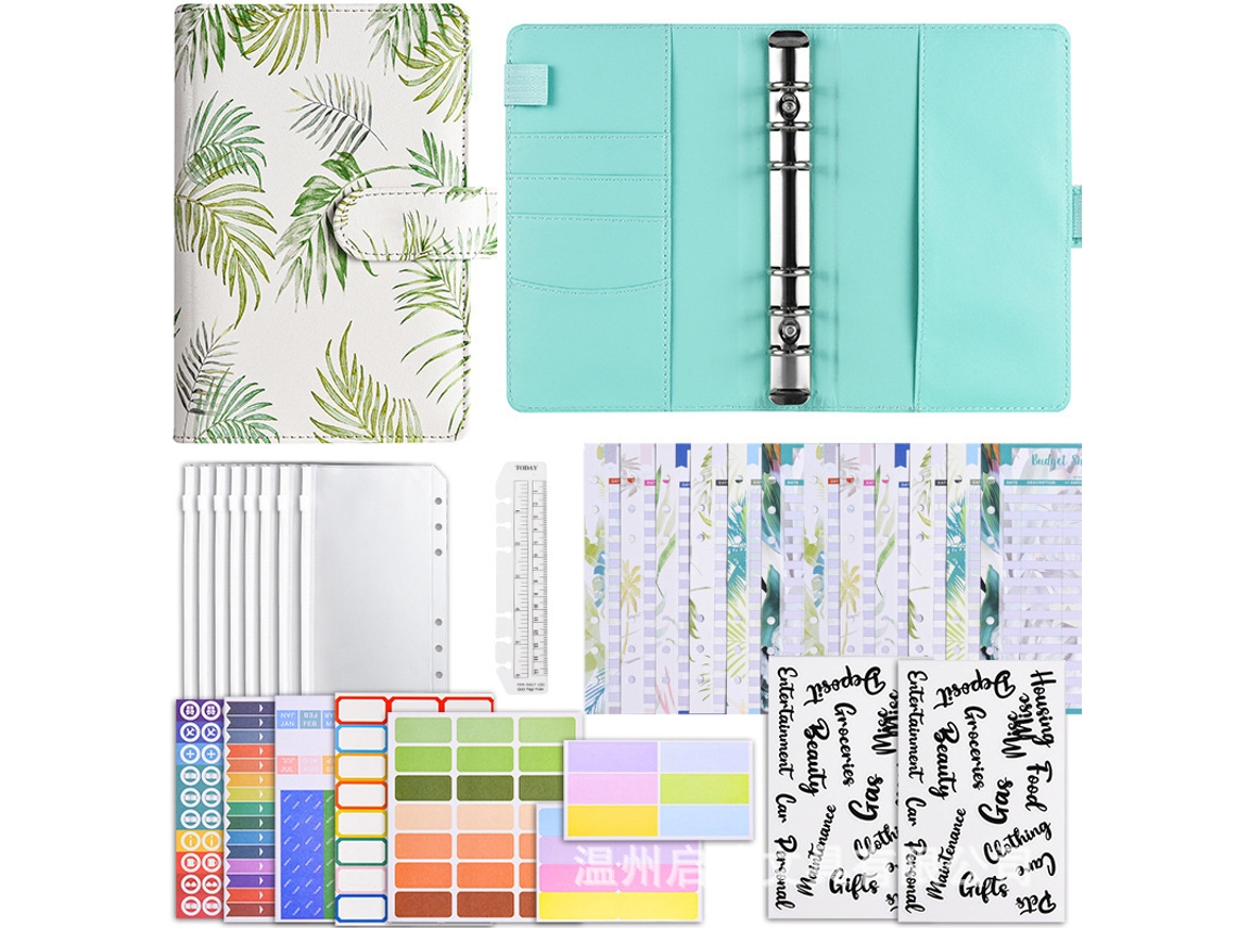 A6 Macaron Creative Pu Leather Loose Leaf Cash Budget Planner Notebook, Deluxe Gift Set, Water Coconut