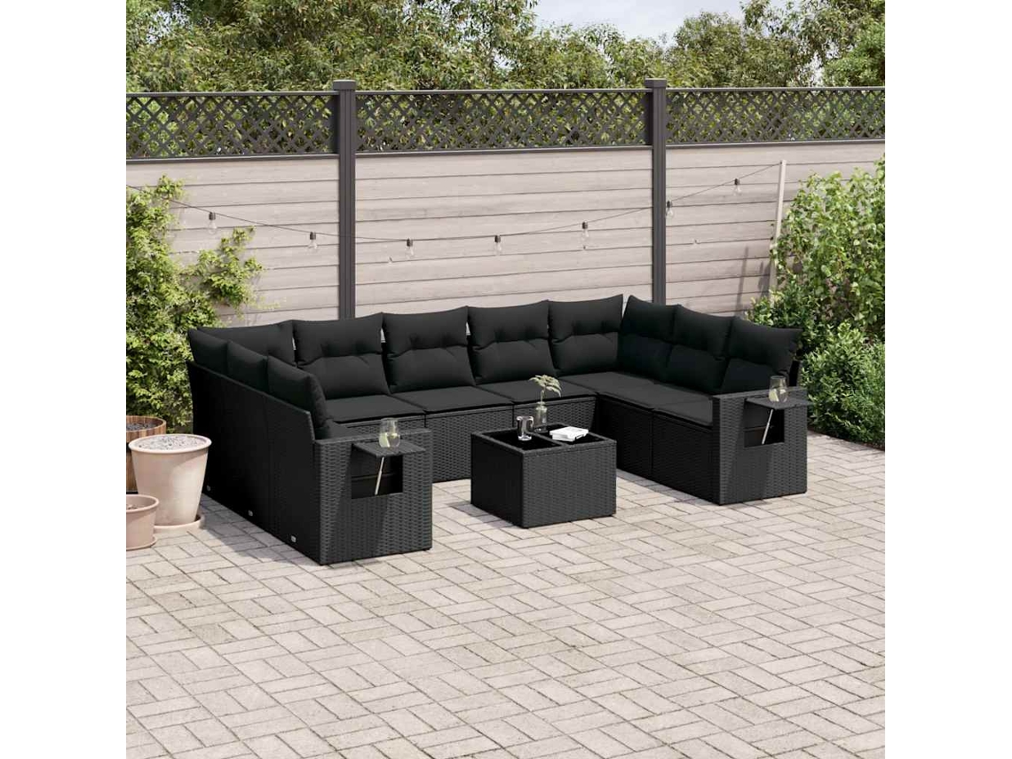 Vidaxl 10 Pcs Conjunto Sofás De Jardim C/ Almofadões Vime Pe Preto