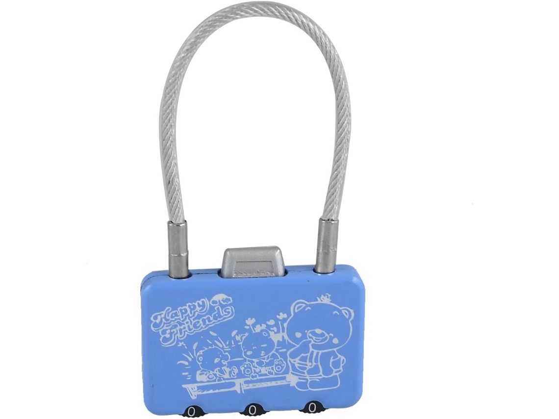 Cadeado de Combinação Reconfigurável 3 Dígitos com Estampa Urso e Números 0 a 9, Azul, 8 Cm CHABERLU