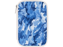 Porta-lápis camuflado azul, organizador de material escolar, porta-lápis com textura camuflada abstrata.