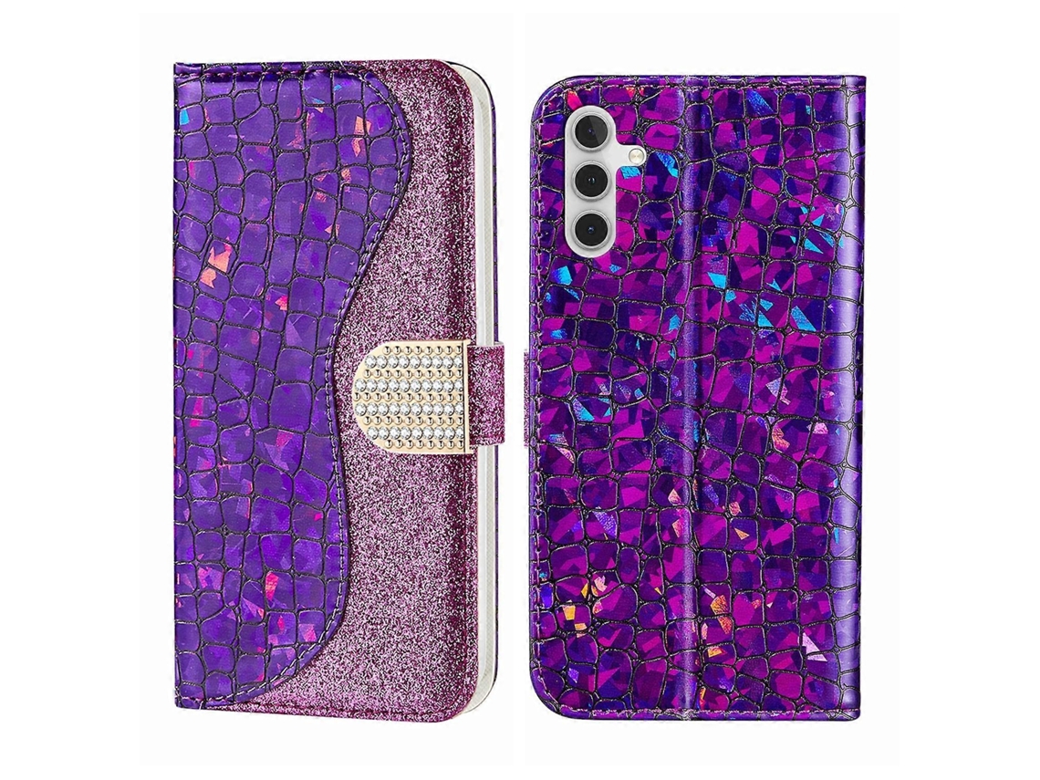 Capa De Couro Com Textura De Crocodilo E Pó Brilhante A Laser Para Samsung Galaxy A14 5g