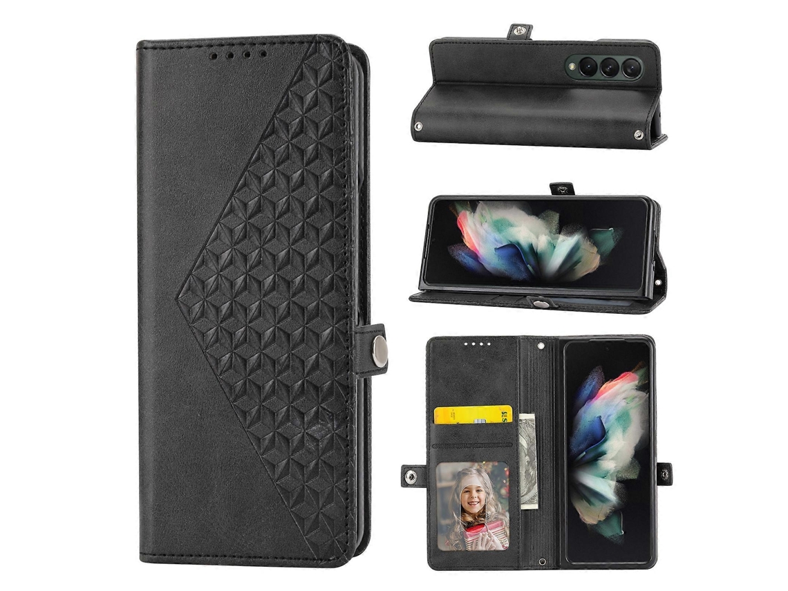 Capa De Couro Com Textura De Bezerro E Grade Cúbica Para Samsung Galaxy Z Fold3 5g