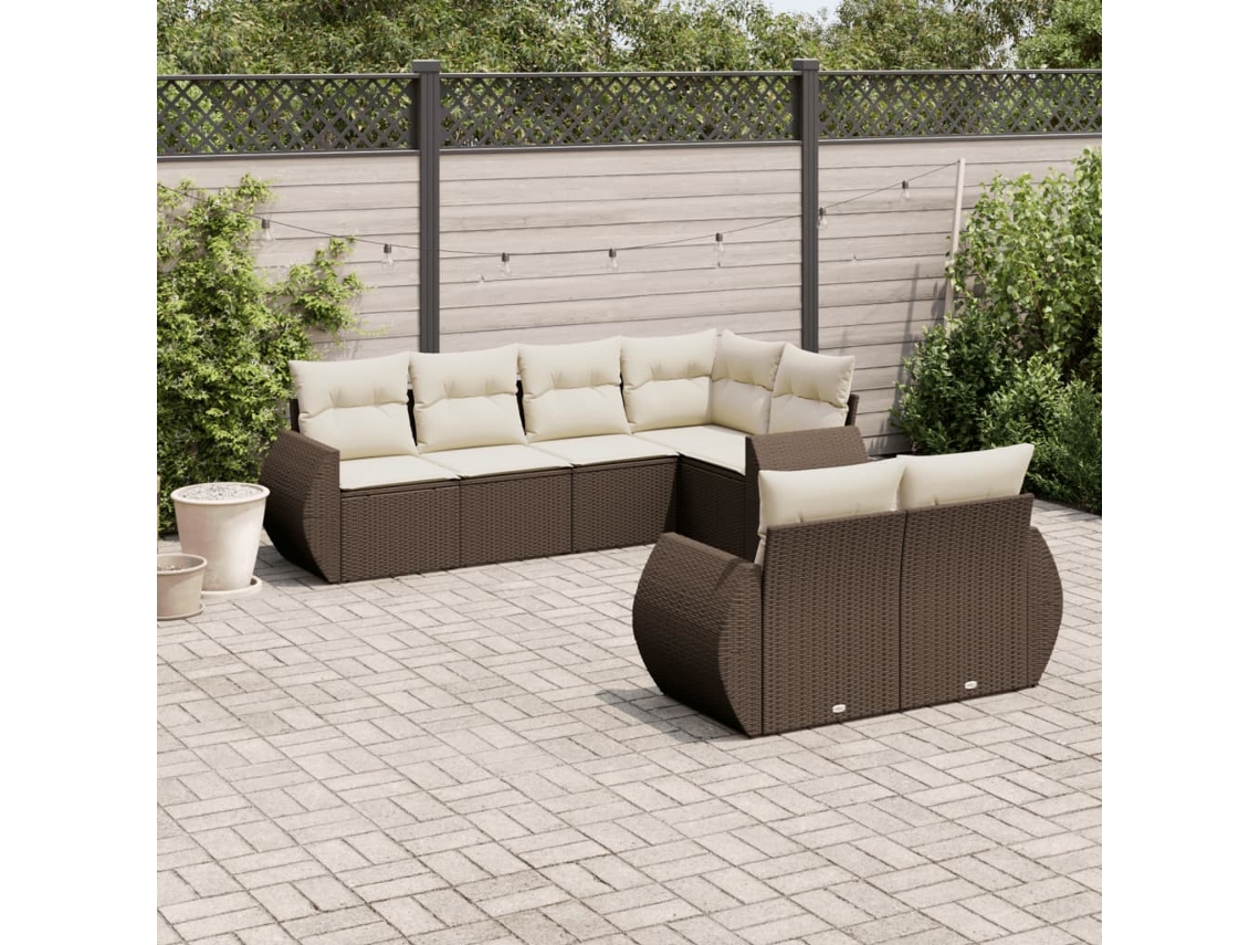 Vidaxl 7 Pcs Conjunto De Sofás Jardim C/ Almofadões Vime Pe Castanho