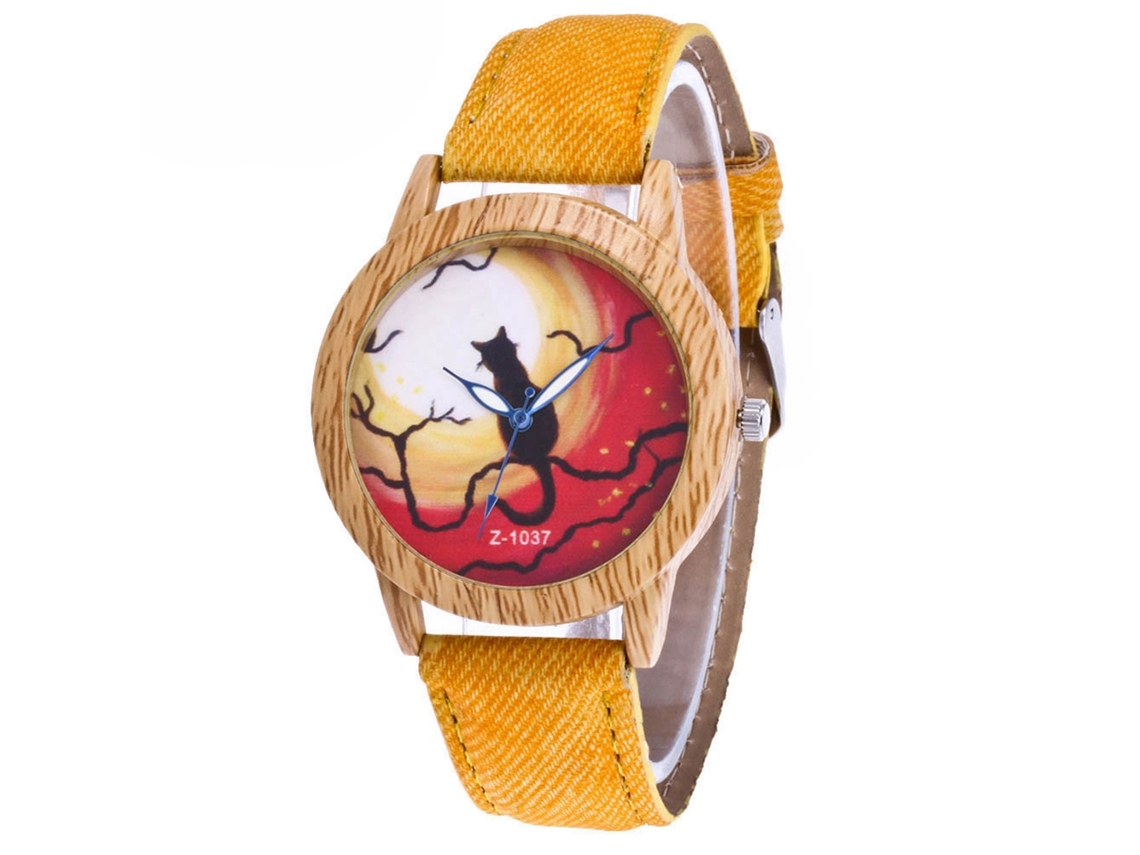 Relógio de quartzo Zhoulianfa Halloween Cat com textura de madeira e liga metálica (amarelo)