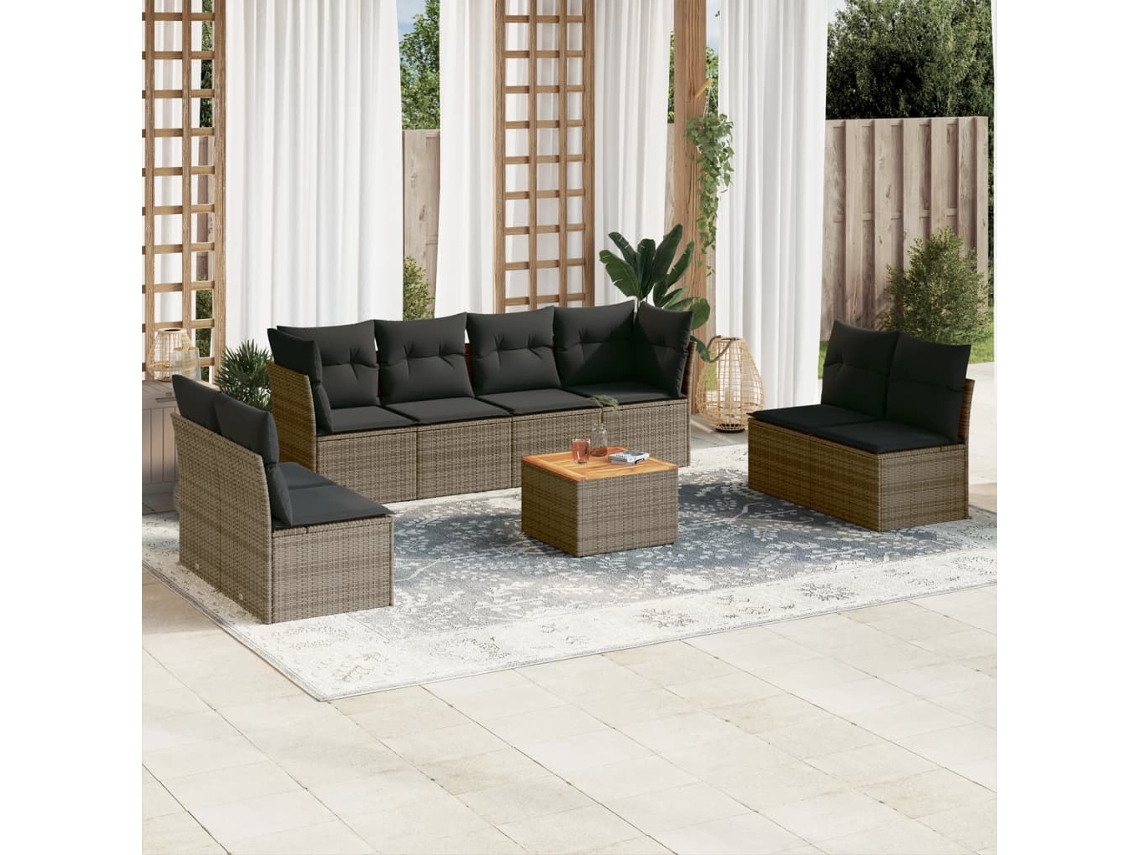 Vidaxl 9 Pcs Conjunto Sofás P/ Jardim com Almofadões Vime Pe Cinzento