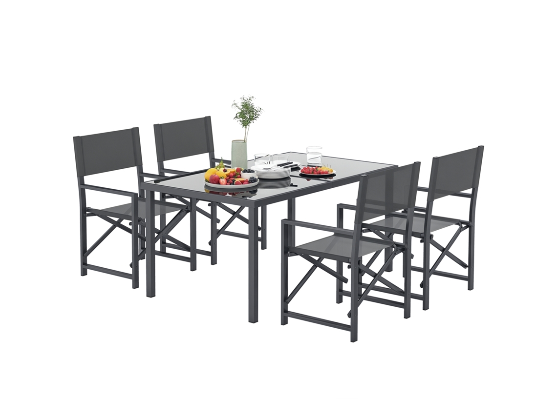 Conjunto De Jantar De 5 Peças, Em Aço, Para 4 Pessoas, Mesa De Jantar Com 4 Cadeiras Dobráveis, Mesa De Vidro, Cinza