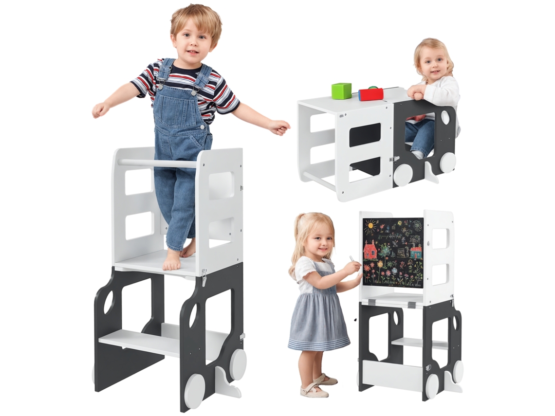 Torre de Aprendizagem 4 em 1 para Crianças em Forma de Carro Convertível em Mesa e Cadeira 58x46x92cm Branco e Cinza S/MARCA