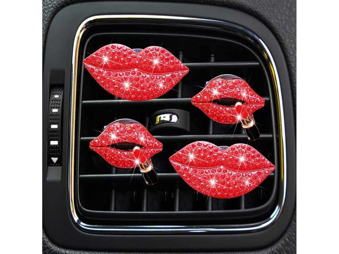 4 Peças Clips de Ar Condicionado Labios Vermelhos, Aromatizantes de Carro Labios Strass para Mulheres