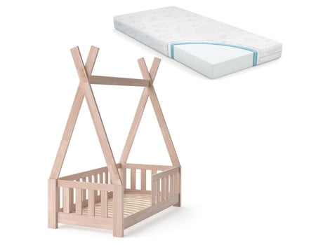 Cama infantil VITALISPA Tipi, madeira natural, 70x140 cm com cerca e colchão