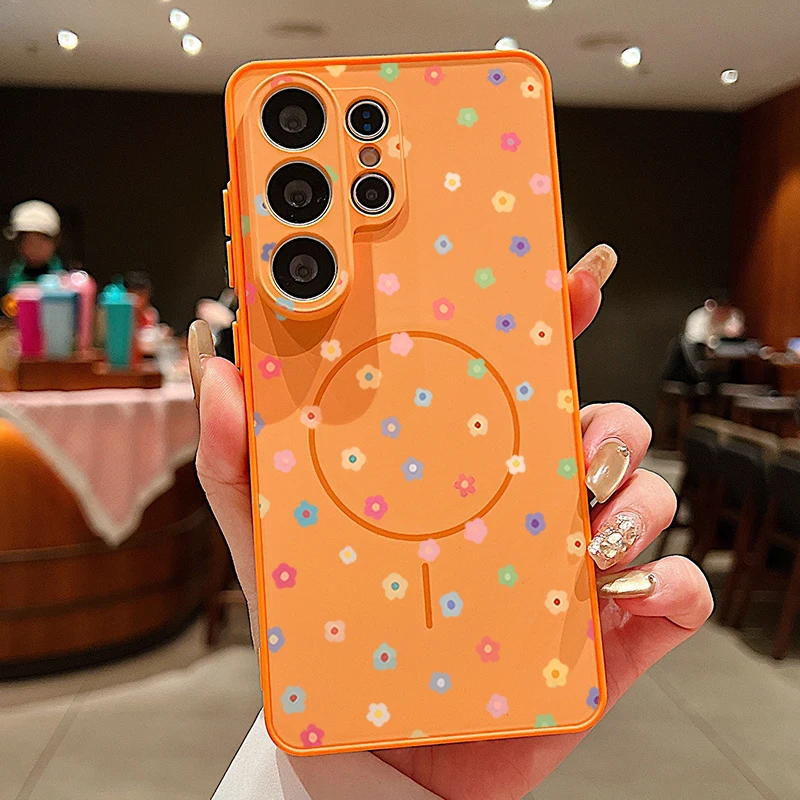 Capa Magnética Para Celular Samsung Galaxy A35 Com Estampa Floral Pequena (laranja).