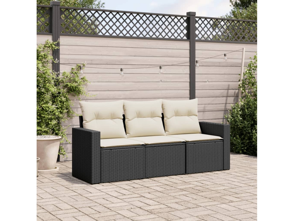 Vidaxl 3 Pcs Conjunto Sofás De Jardim Com Almofadões Vime Pe Preto
