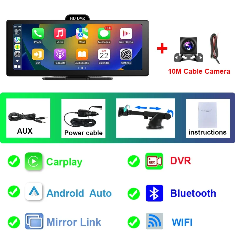 (t339 Dvr De 10m, Sem Cartão) Dvr 4k De 11,26 Polegadas Com Carplay Sem Fio E Gps De Lente Dupla