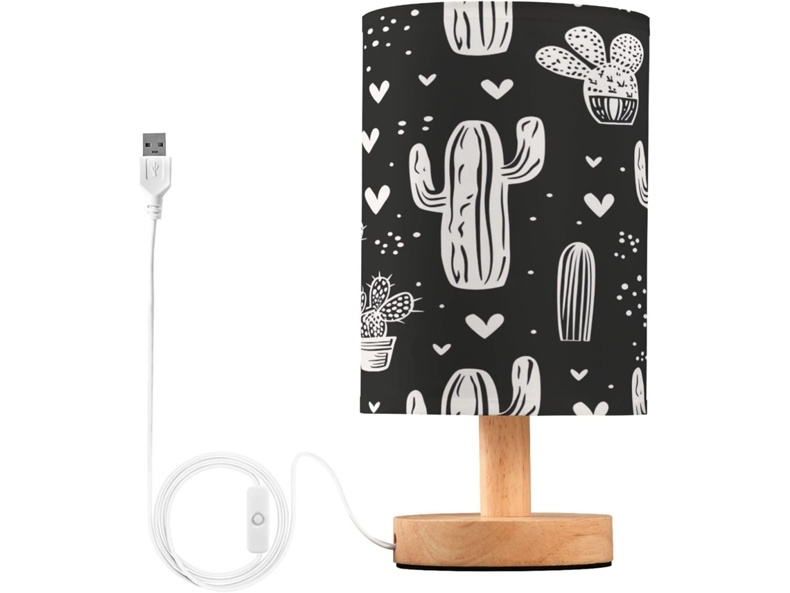 Abajur De Cabeceira Em Aquarela Com Estampa Cacto, Portas De Carregamento Usb C, Luminária De Mesa Cabeceira, Luminária