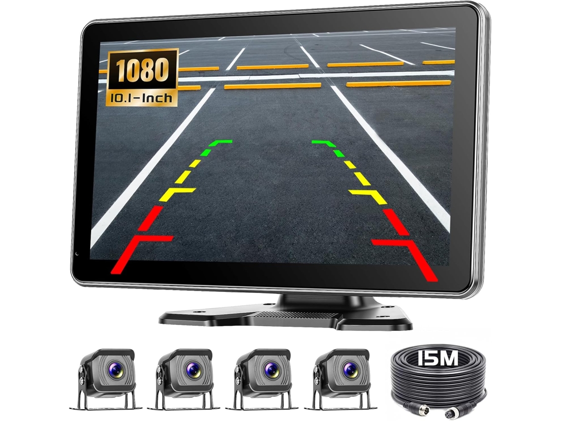 Kit de câmera de ré sem fio com monitor IPS de 10,1 polegadas, compatível com 4 câmeras 1080p/720p, assistência de estacionamento com BSD, vídeo