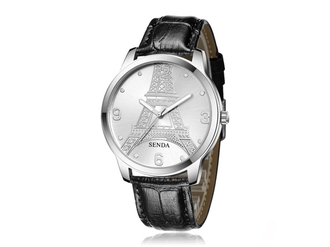 Reloj De Cuarzo Casual Para Parejas Sendas Torre Eiffel (caja Plata, Dial Blanco, Correa Negra)
